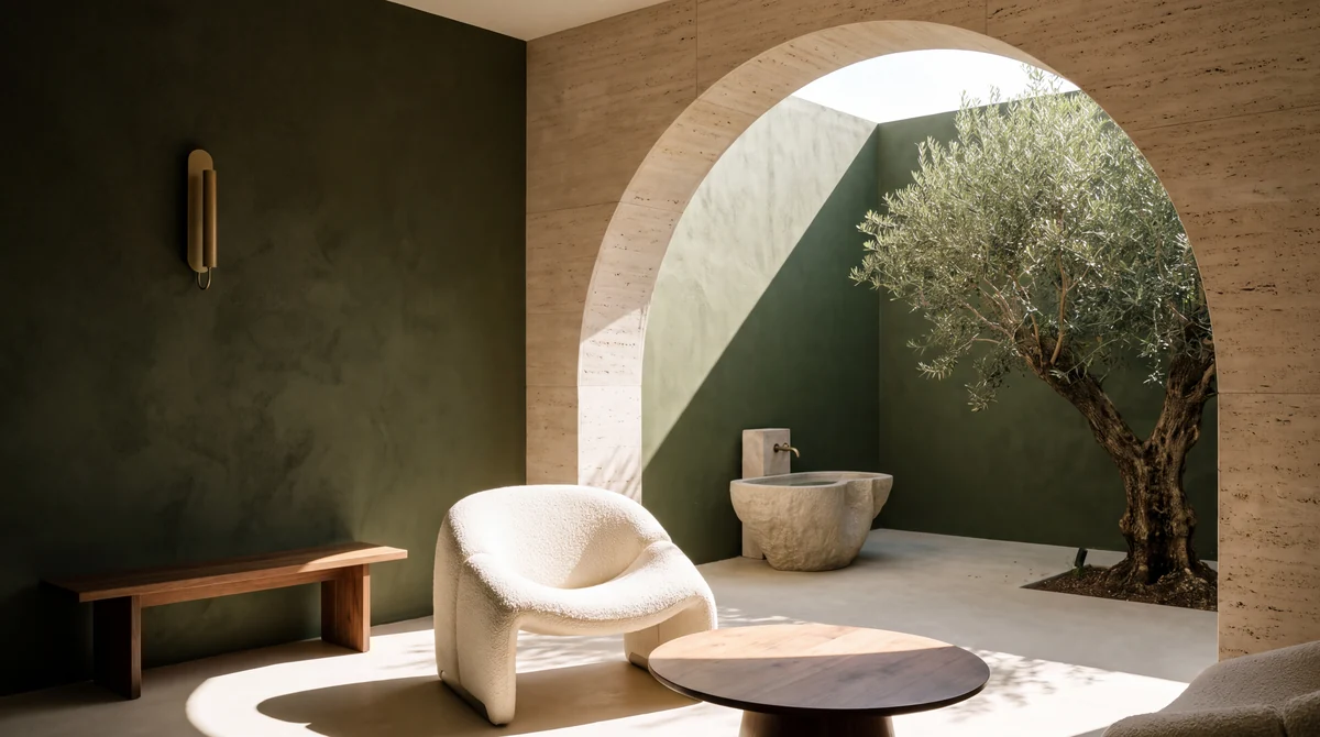 Concept illustration: a dark green plaster room with a travertine arch opening onto a sunlit courtyard with an olive tree and a stone basin, a cream bouclé armchair, a wooden bench and a round wooden table.