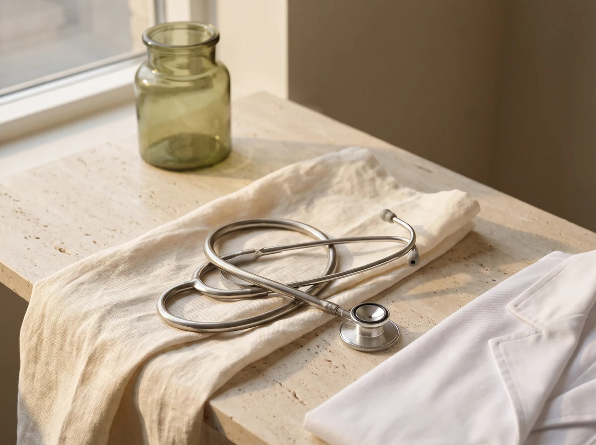 Concept illustration: a stethoscope resting on folded linen and a travertine counter beside a green glass jar.